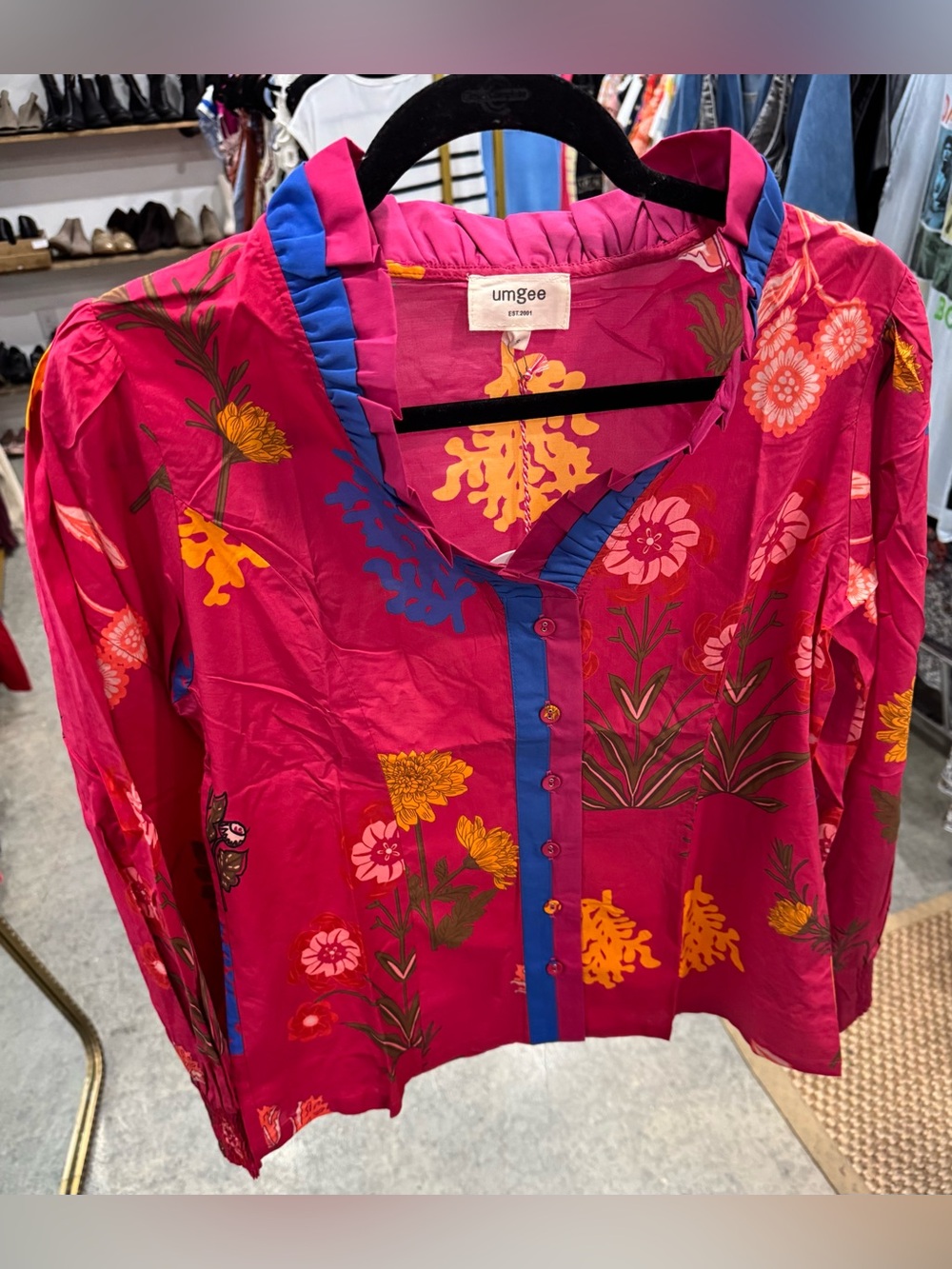 Umgee Fuchsia Pink Floral Button-Down Blouse with Blue Trim